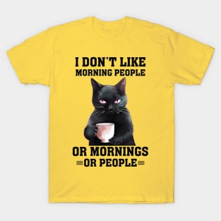 Funny Black Cat Drinking Coffee T-Shirt